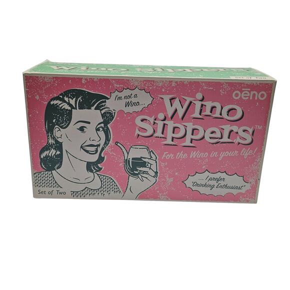 “WINO” Wine Sippers 2 w/Glass Straws New Vintage in box Clear glass with feet - Picture 2 of 8